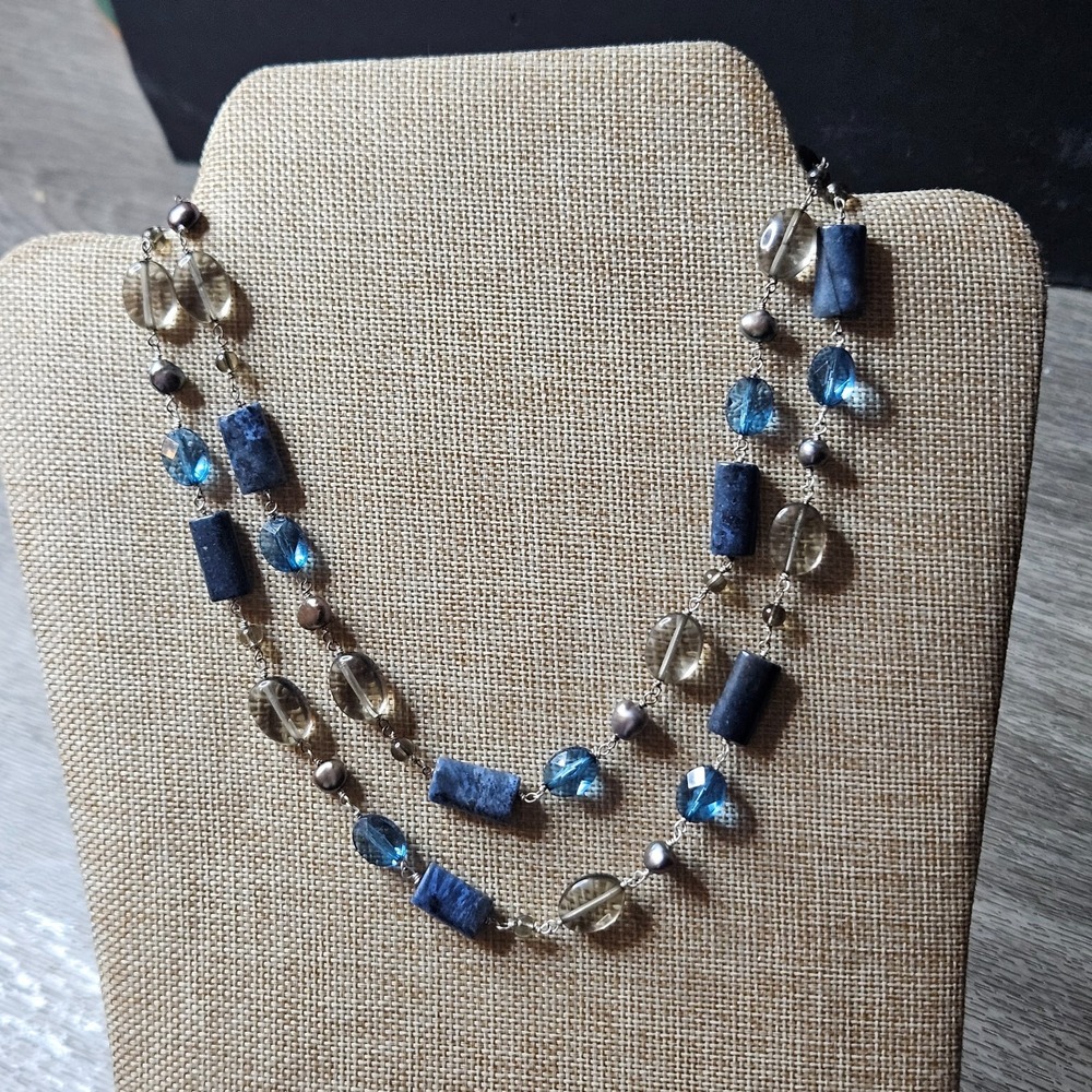 Vintage 2 Layer Silver Tone Chain Mesmerizing Faceted Blue gray Crystal